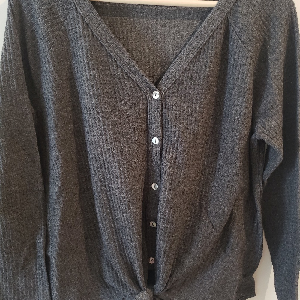 Grey Waffle Knit Front Tie Sweater Size Medium